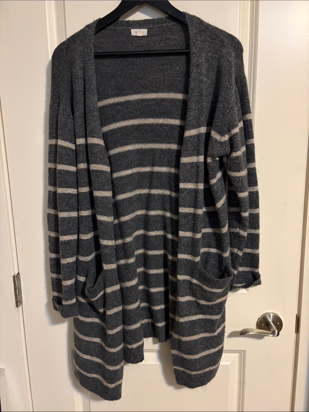debut Charcoal and Cream Striped Open-Front Cardigan